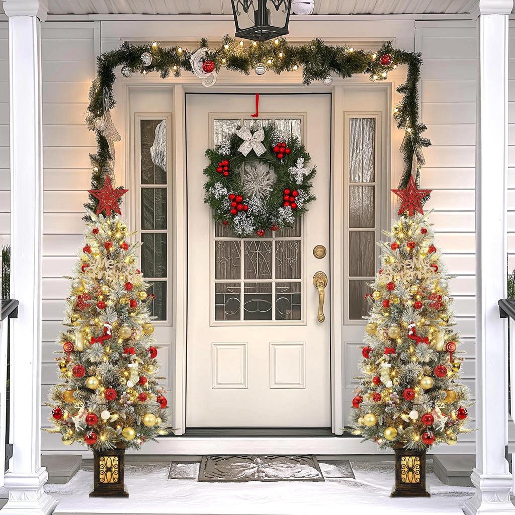 Pre-lit Artificial Christmas Tree 4.5ft Snow Flocked, 386 Tips, 200 Lights, Antique Urn Base, 2 PCS