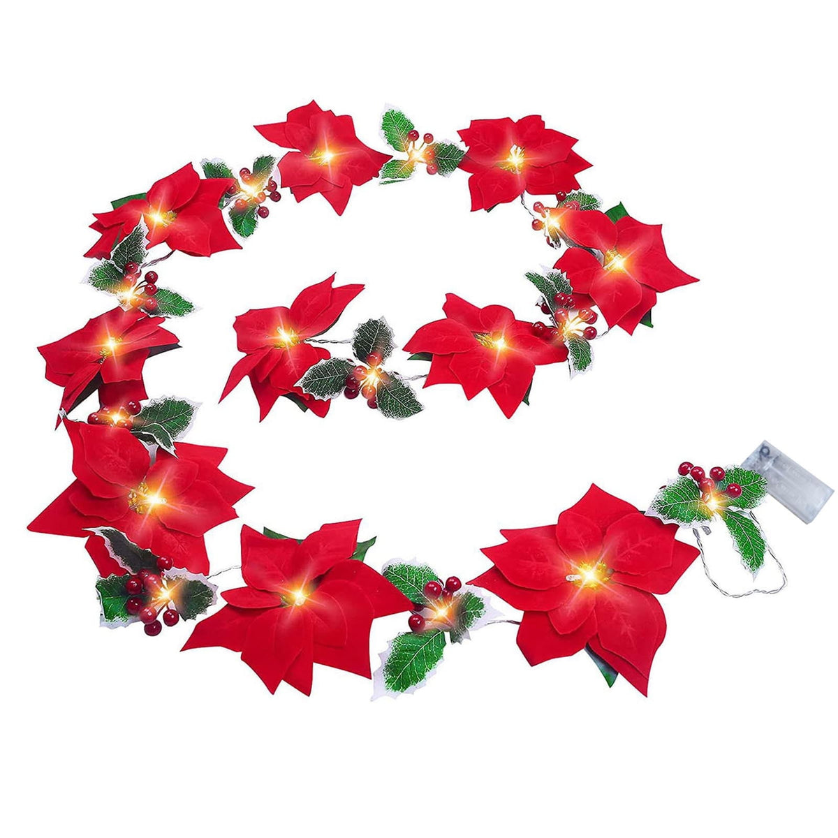 Hwkond Christmas Lights Outdoor LED Christmas Red Poinsettia Wreath With Warm Lighting Artificial Poinsettia For Holiday Decoration Battery Powered on Clearance