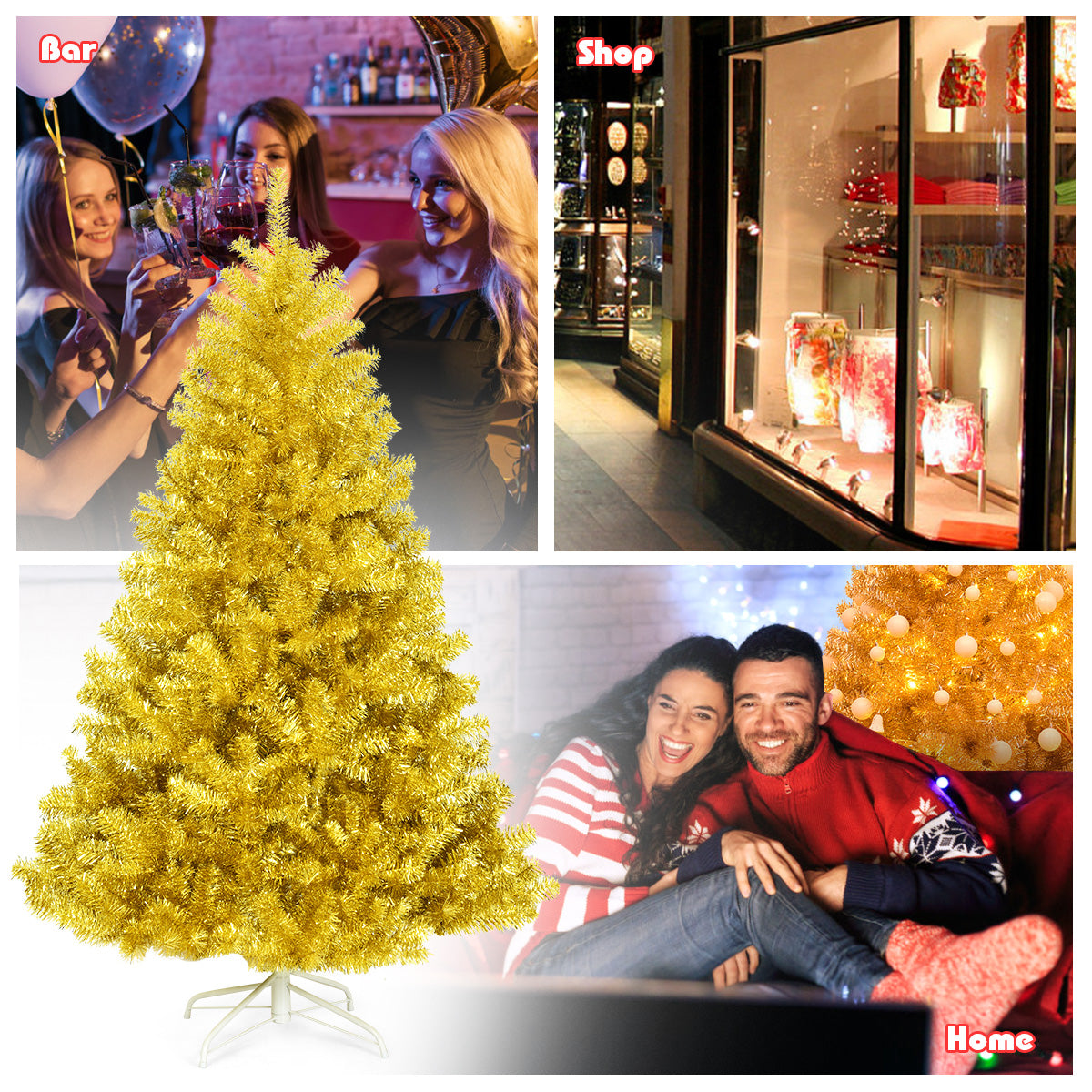 Costway 6ft Artificial Tinsel Christmas Tree Hinged w/1036 Tips Foldable Stand Champagne