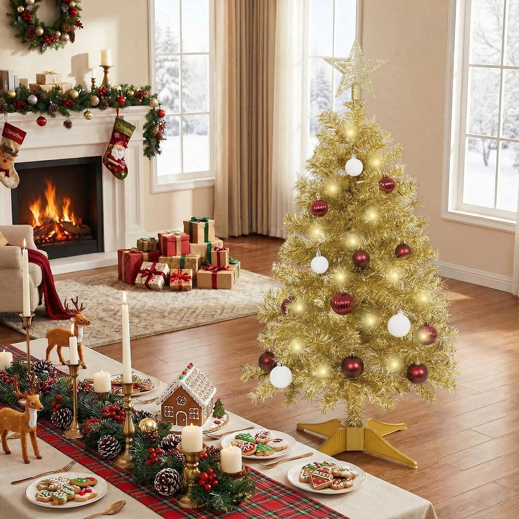 THE BRIVE Artificial Christmas Tree Champagne Includes Ornaments & Star 3ft with LED lights