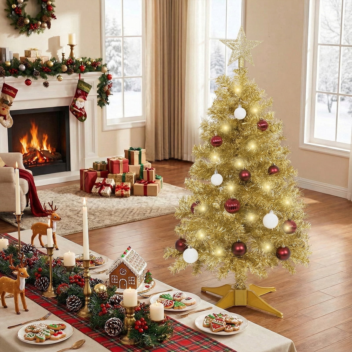 THE BRIVE Artificial Christmas Tree Champagne Includes Ornaments & Star 3ft with LED lights