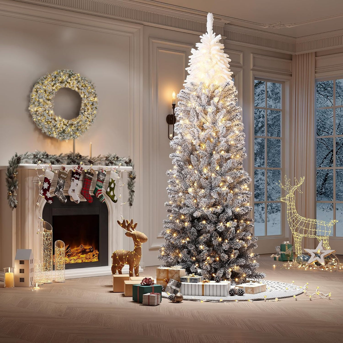 4.5/6/7.5/9 ft Flocked Pencil Christmas Tree with 100 Lights, Pre Lit Tall Skinny Christmas Tree with PVC Branch Tips, Premium Hinged Xmas Tree with Metal Base, Slim Artificial Christmas Tree