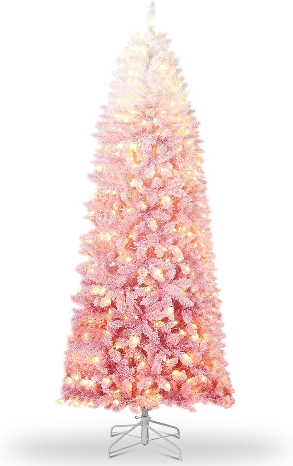 4.5/6/7.5/9 ft Flocked Pencil Christmas Tree with 100 Lights, Pre Lit Tall Skinny Christmas Tree with PVC Branch Tips, Premium Hinged Xmas Tree with Metal Base, Slim Artificial Christmas Tree