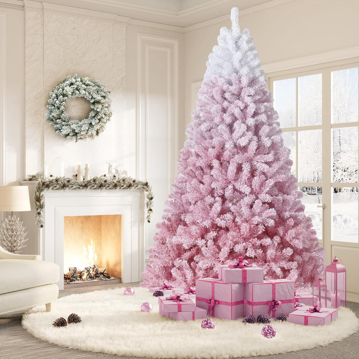 4.5/6/7.5/9 ft Flocked Pencil Christmas Tree with 100 Lights, Pre Lit Tall Skinny Christmas Tree with PVC Branch Tips, Premium Hinged Xmas Tree with Metal Base, Slim Artificial Christmas Tree