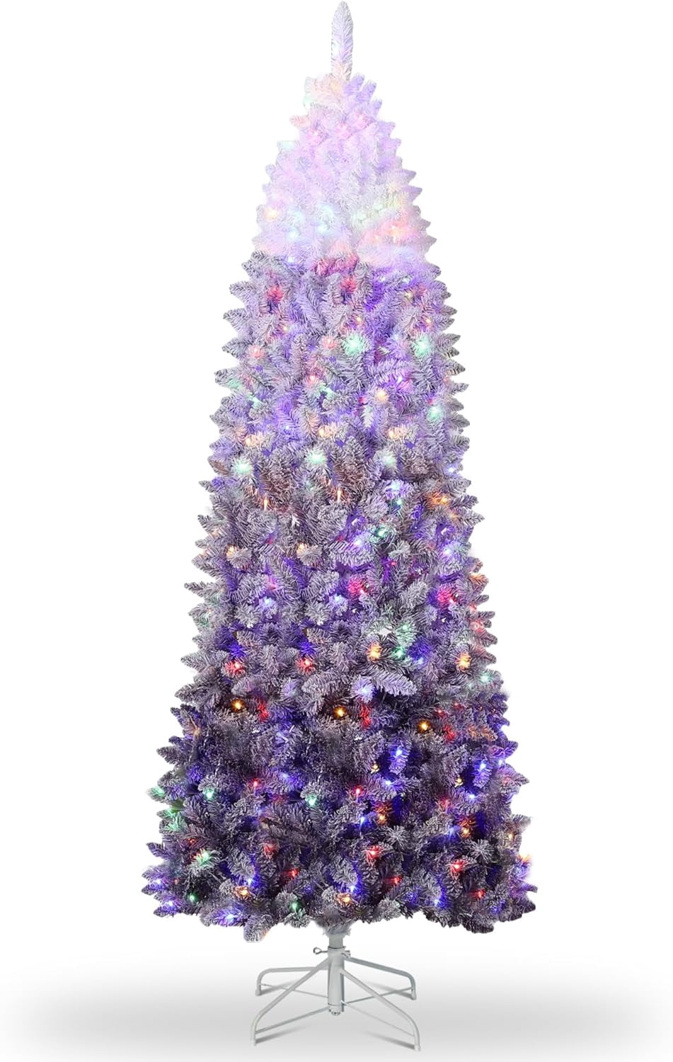 4.5/6/7.5/9 ft Flocked Pencil Christmas Tree with 100 Lights, Pre Lit Tall Skinny Christmas Tree with PVC Branch Tips, Premium Hinged Xmas Tree with Metal Base, Slim Artificial Christmas Tree
