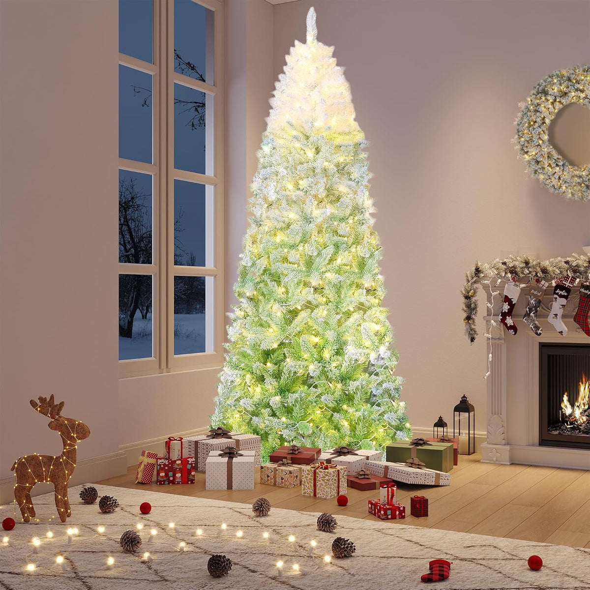 4.5/6/7.5/9 ft Flocked Pencil Christmas Tree with 100 Lights, Pre Lit Tall Skinny Christmas Tree with PVC Branch Tips, Premium Hinged Xmas Tree with Metal Base, Slim Artificial Christmas Tree