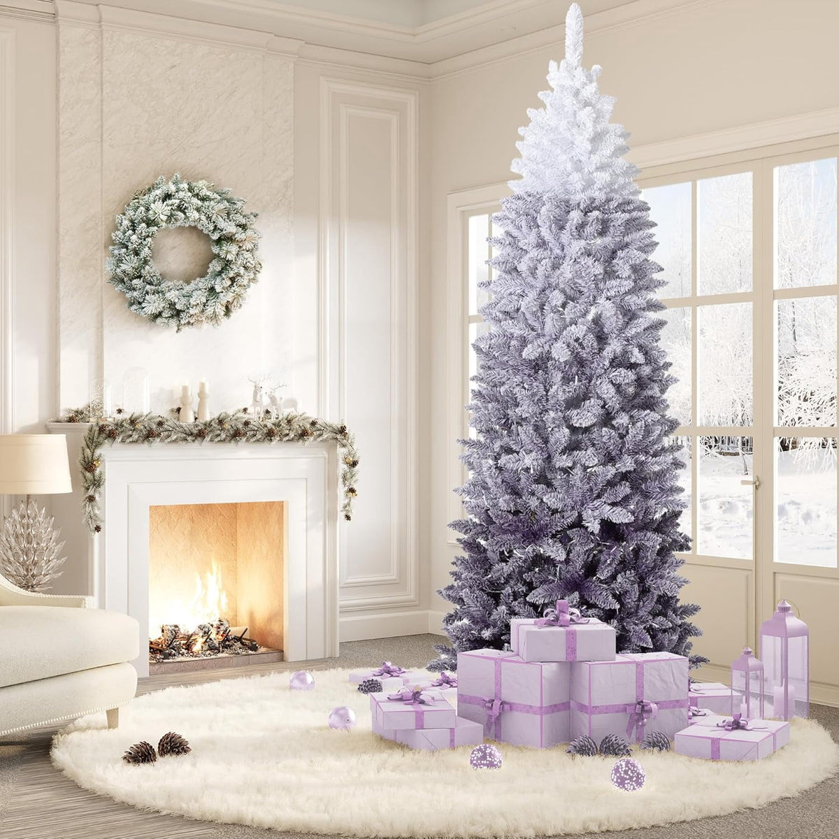 4.5/6/7.5/9 ft Flocked Pencil Christmas Tree with 100 Lights, Pre Lit Tall Skinny Christmas Tree with PVC Branch Tips, Premium Hinged Xmas Tree with Metal Base, Slim Artificial Christmas Tree
