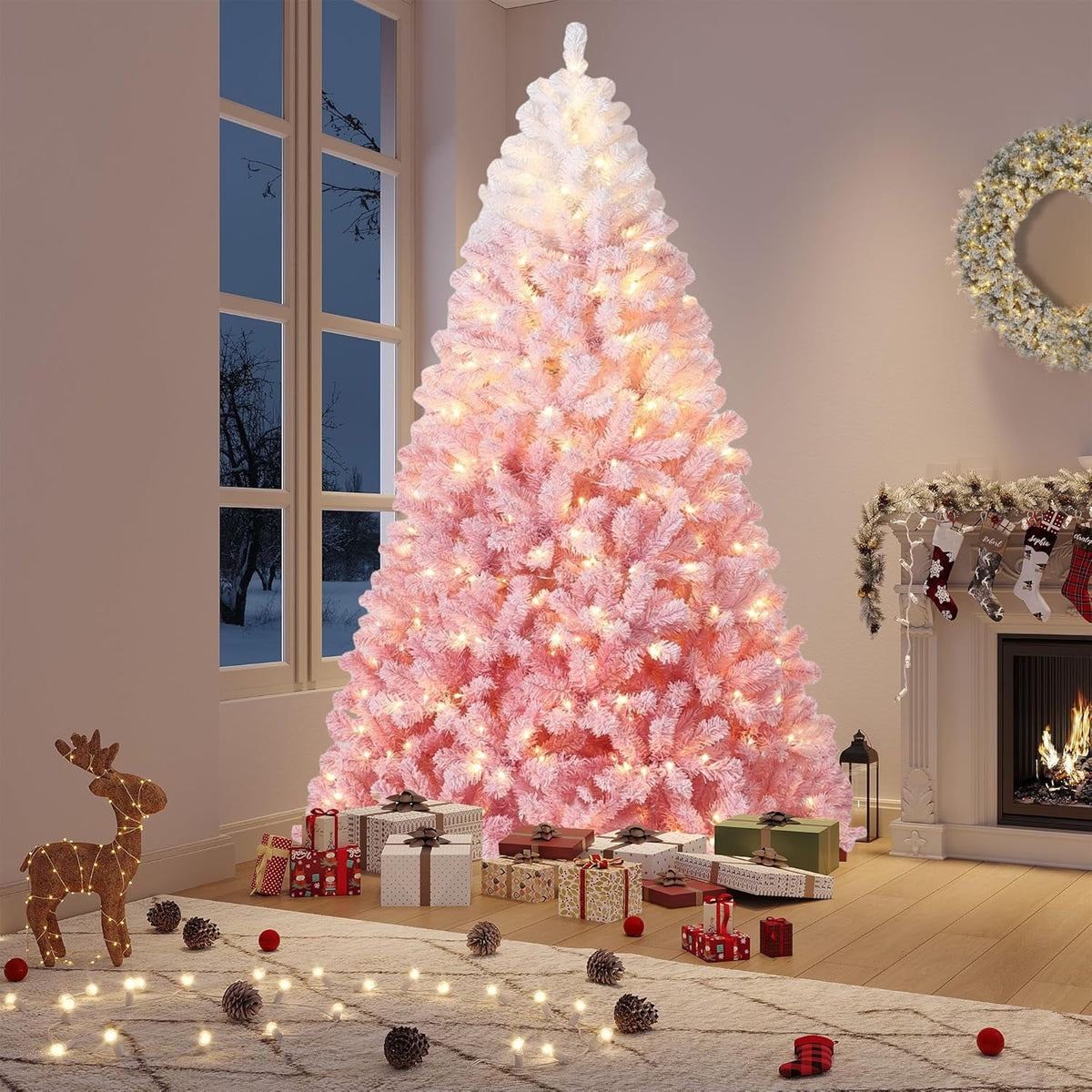 4.5/6/7.5/9 ft Flocked Pencil Christmas Tree with 100 Lights, Pre Lit Tall Skinny Christmas Tree with PVC Branch Tips, Premium Hinged Xmas Tree with Metal Base, Slim Artificial Christmas Tree