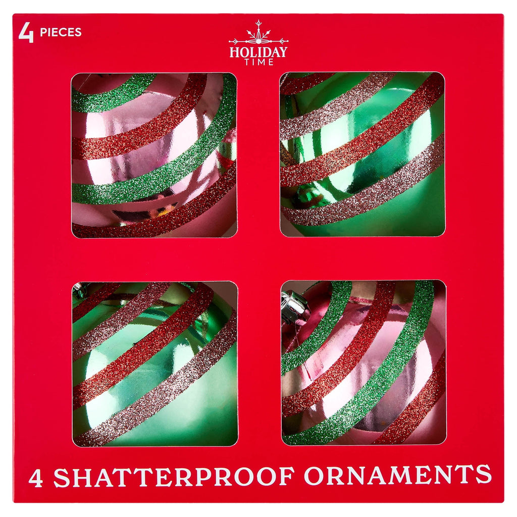 4-Count Metallic Pink and Green Glitter Stripes Ball Shatterproof Christmas Ornaments, 4.5", by Holiday Time