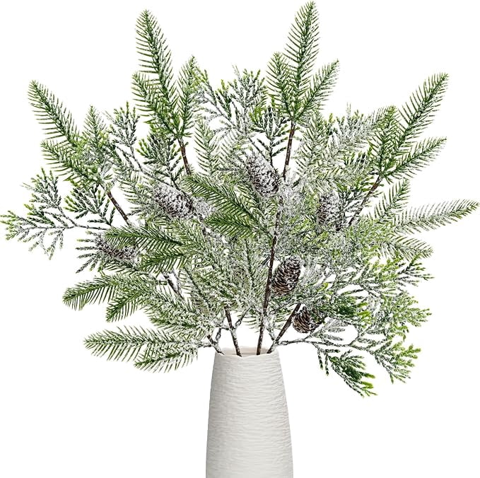 4 Piece Artificial Pine Needle Branches 15.7 Inch Snowy Frosted Greenery with Pinecones for Winter Christmas Tree Decor White