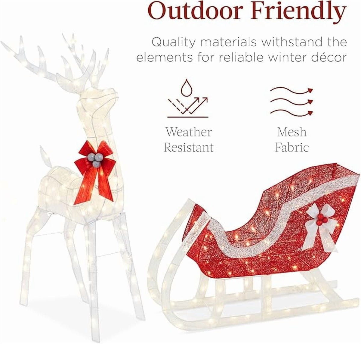 CONCETTA 4ft Lighted Christmas Reindeer & Sleigh Yard Decoration, Outdoor Holiday Lighted Display w/ 180 LED Lights, White Red