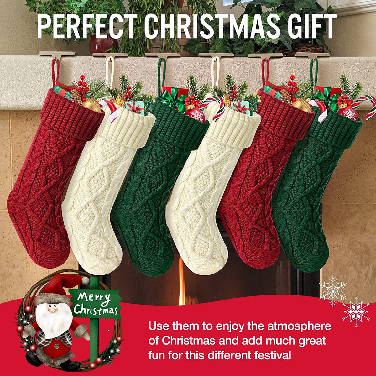 Ayieyill 6pcs Christmas Stockings Large Knitted Xmas Stockings 18 Inches Fireplace Hanging Stockings for Family Holiday Christmas Decoration