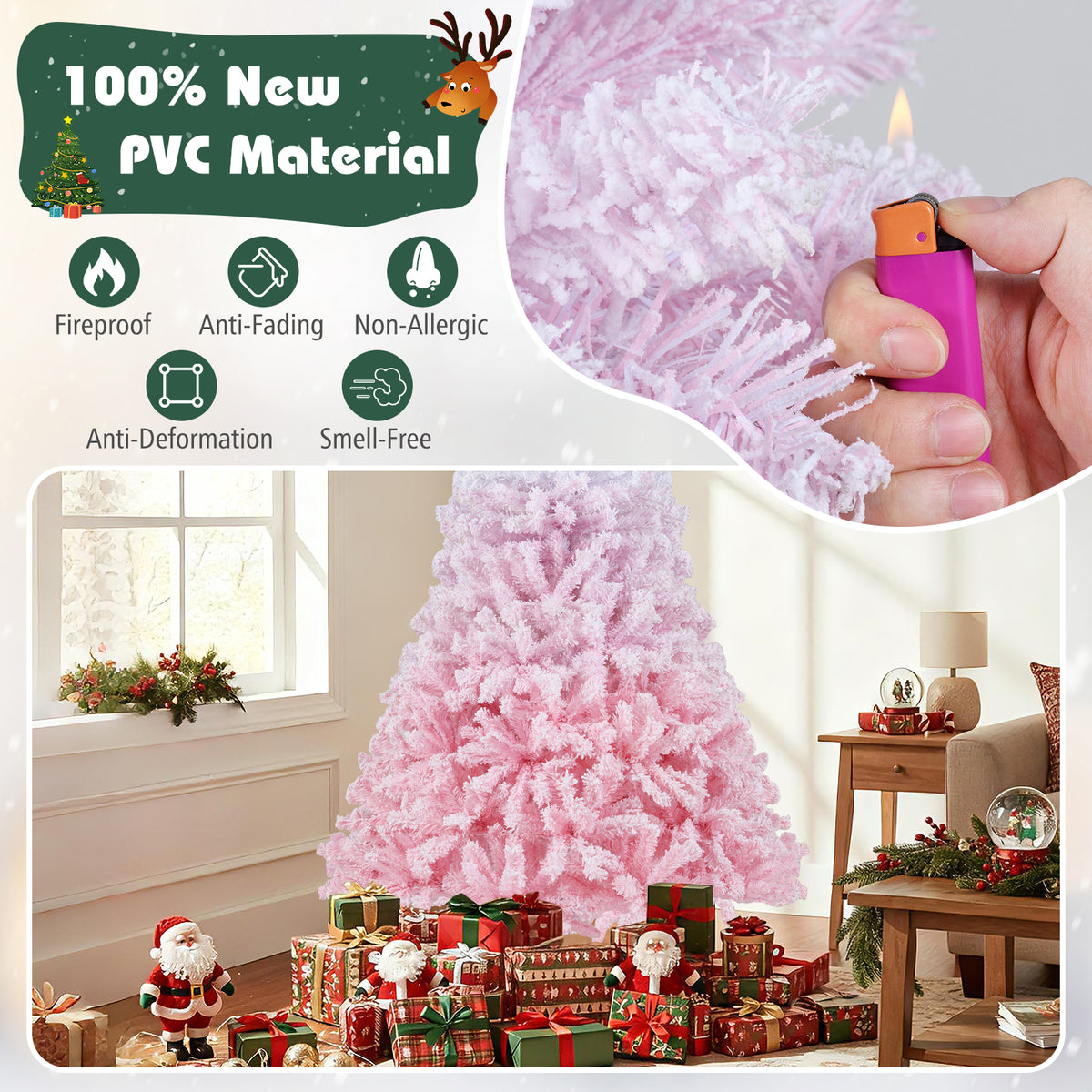 Costway 6 FT Artificial Christmas Tree with 250 Warm White LED Lights, 8 Lighting Modes & Folding Metal Stand White & Pink