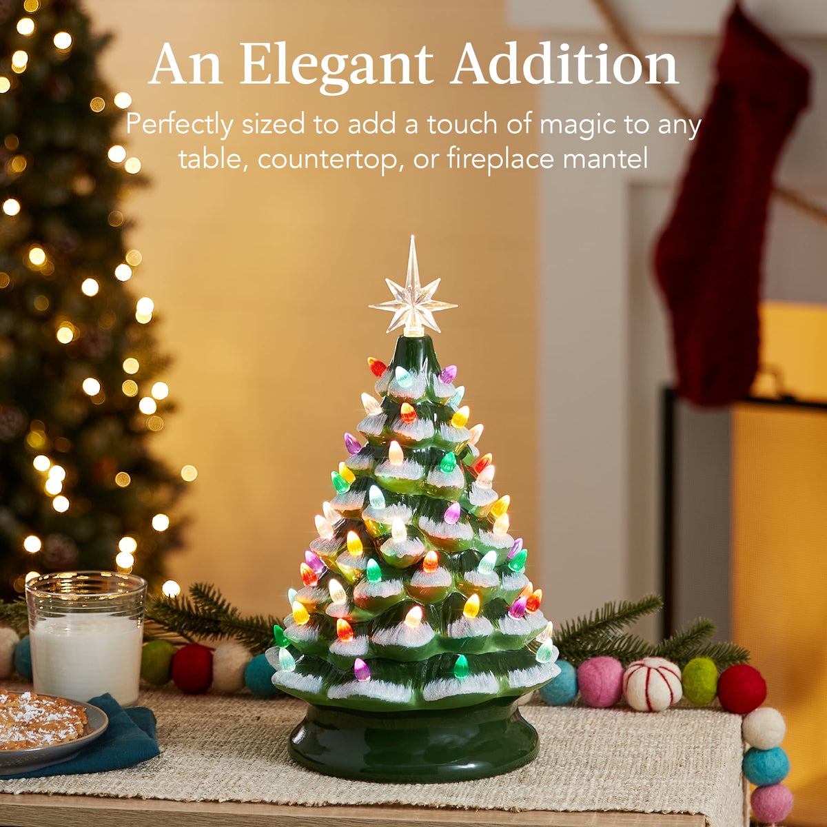 Best Choice Products 15in Ceramic Christmas Tree, Pre-lit Hand-Painted Tabletop Holiday Tree, Gingerbread Red/White/Grn