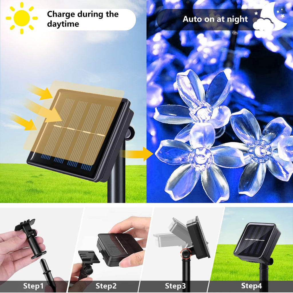 Rirool Cherry Blossom Solar String Lights Outdoor, 23FT 50 LED Flower Fairy Lights with 2 Lighting Modes, IP65 Waterproof Auto On/Off for Garden Patio Wedding Christmas Decor, Multicolor
