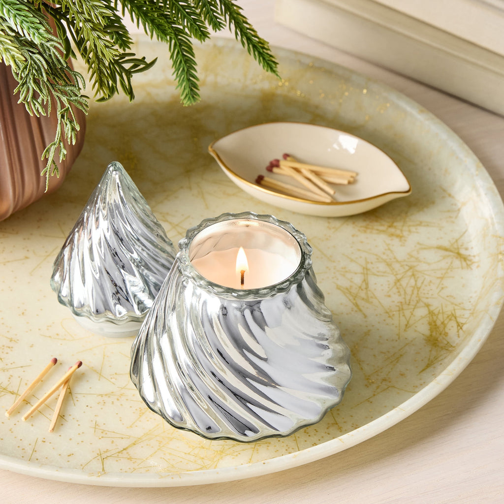 Better Homes & Gardens 1-Wick Glass Christmas Tree Candle, Silver Birch & Snow, 8 oz