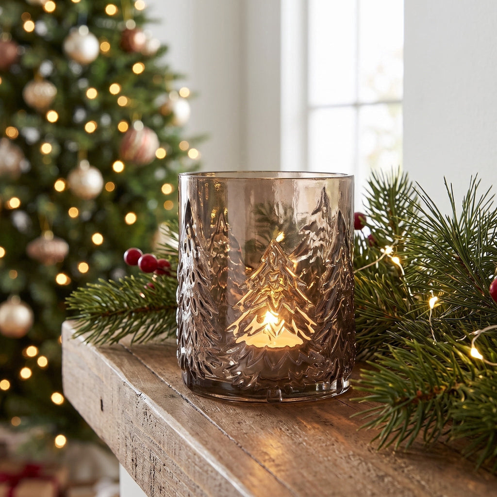 Small Brown Glass Tree Pattern Christmas Pillar Candle Holder, 5.3", by Holiday Time