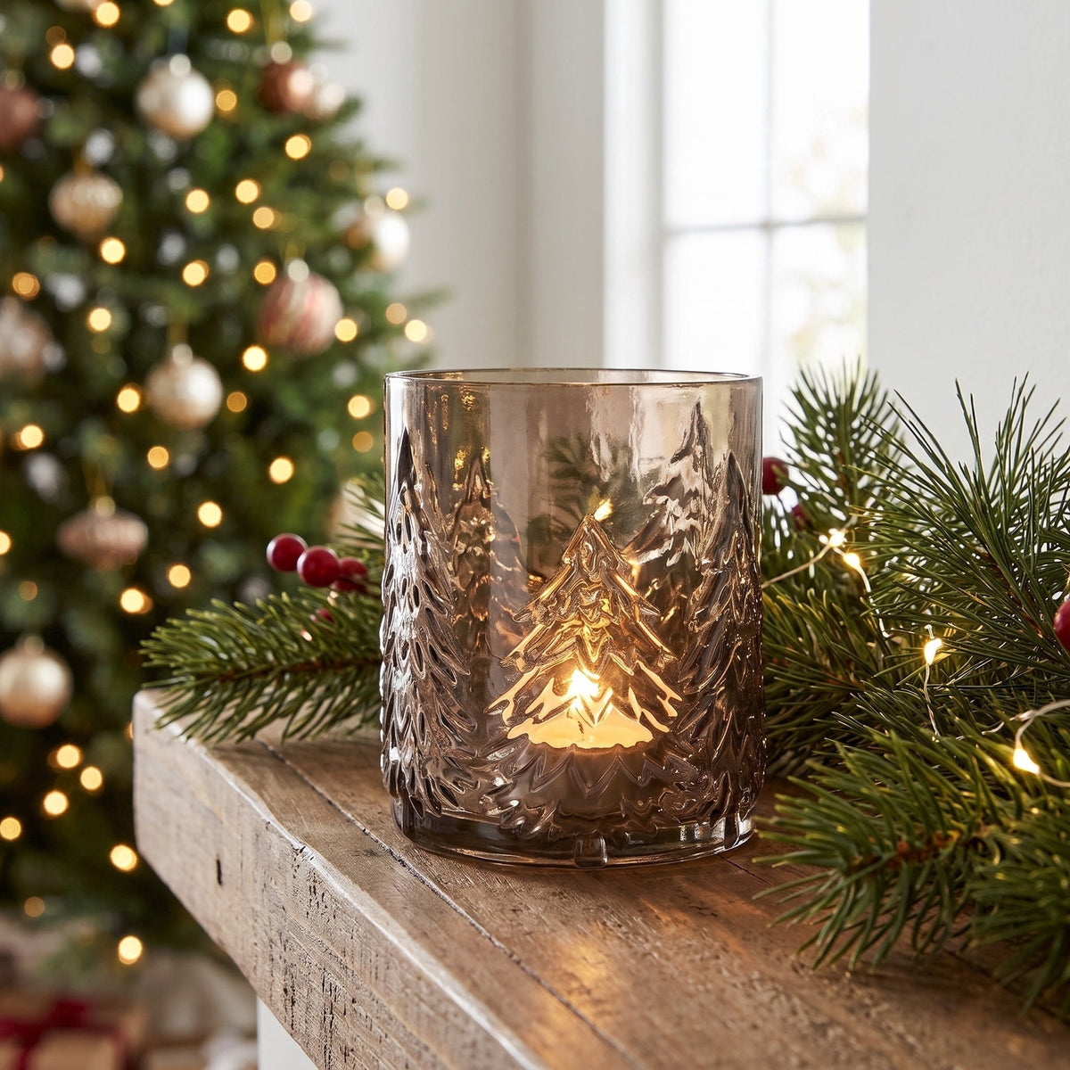 Small Brown Glass Tree Pattern Christmas Pillar Candle Holder, 5.3", by Holiday Time