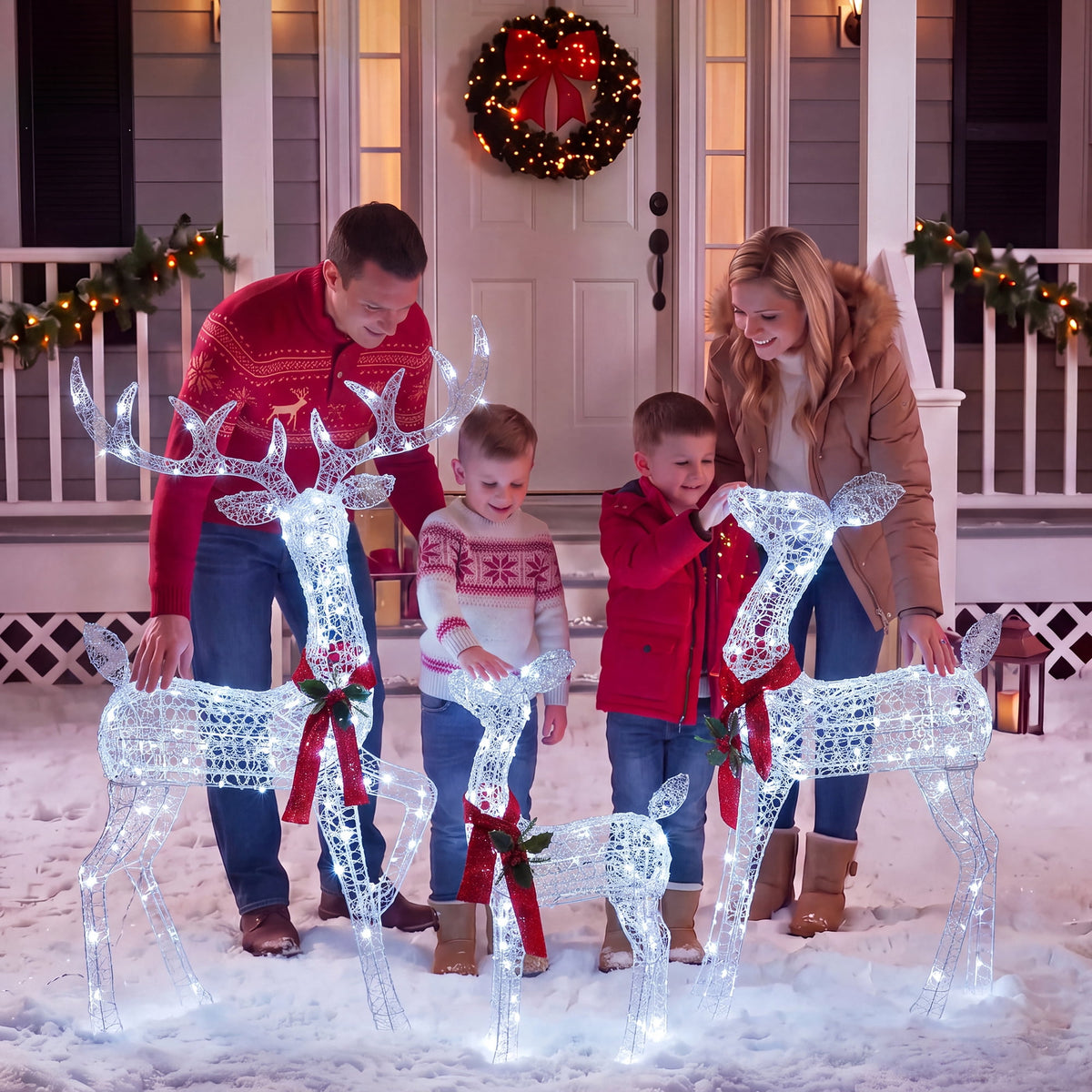 FOOWIN 3-Piece Large Christmas Deer Family, Lighted Outdoor Christmas Decoration, Champagne Gold