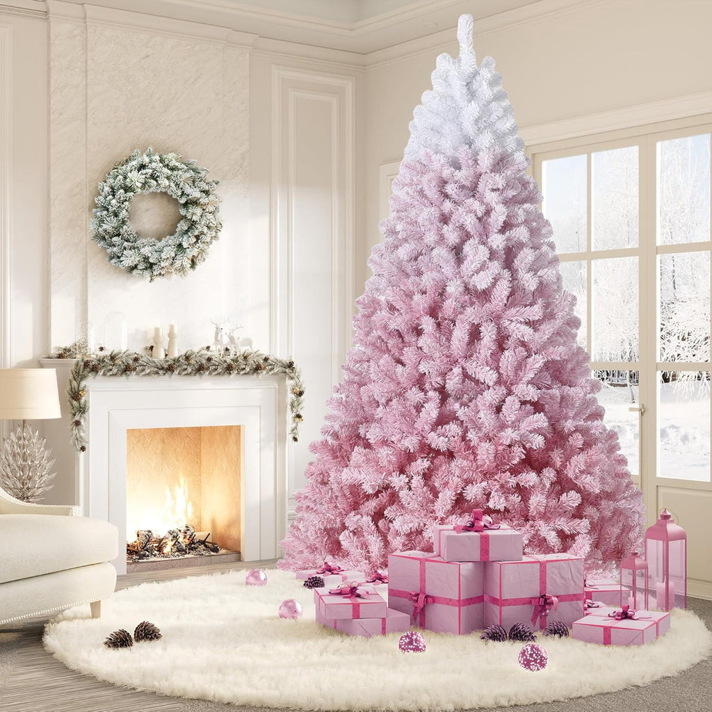 4.5/6/7.5/9 ft Flocked Pencil Christmas Tree with 100 Lights, Pre Lit Tall Skinny Christmas Tree with PVC Branch Tips, Premium Hinged Xmas Tree with Metal Base, Slim Artificial Christmas Tree