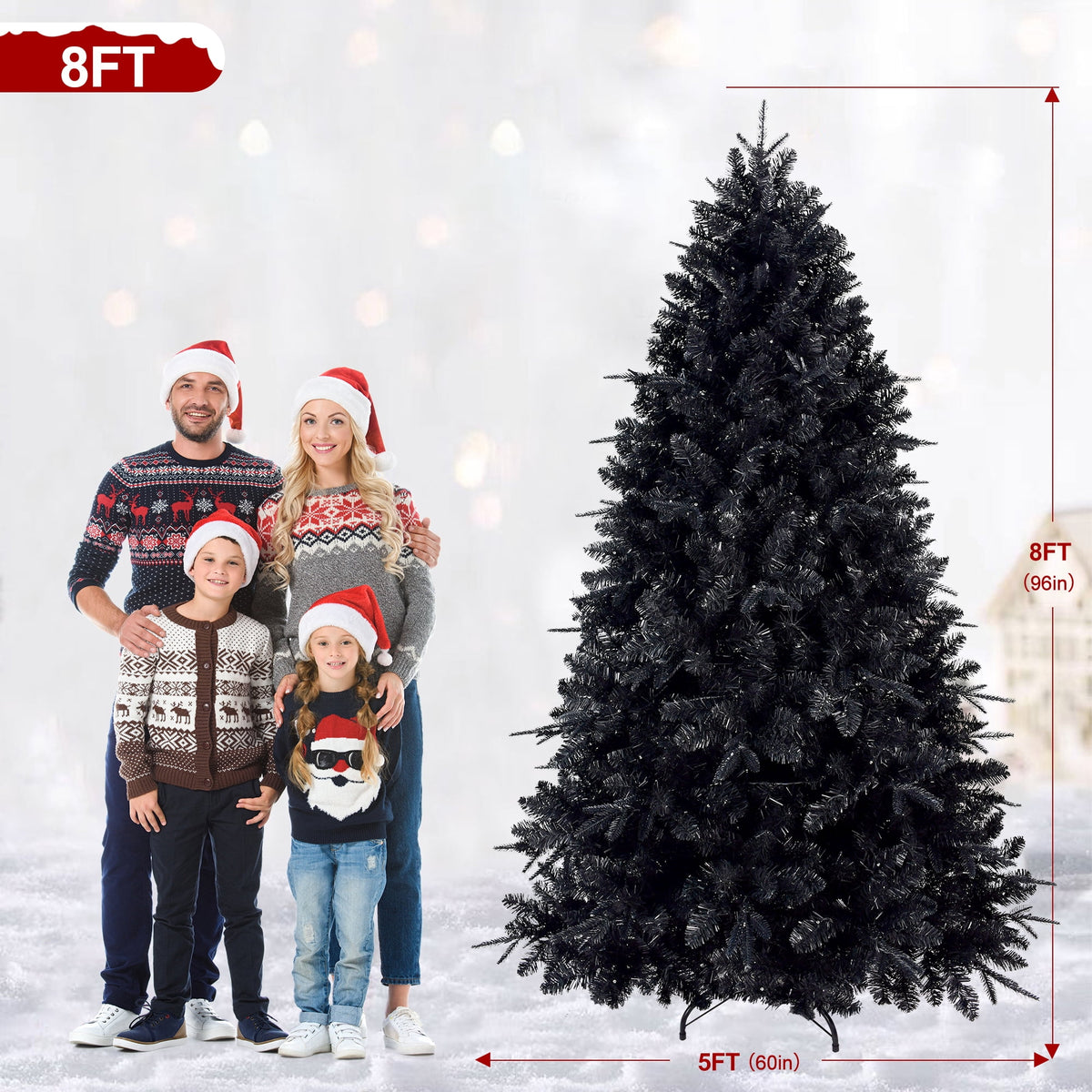 Maylaviu 7FT Gothic Black Christmas Tree, 450 Cold White Lights, 1916 Full Tips, Halloween & Holiday Party Decor, Sturdy Metal Stand