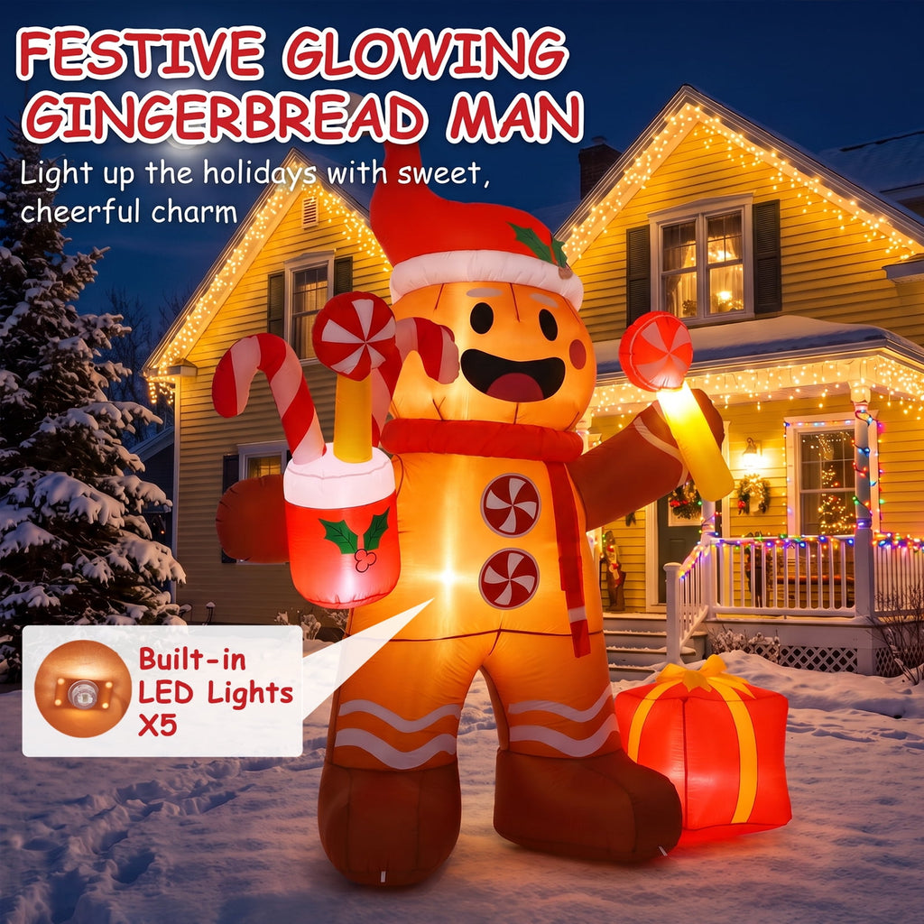 8 FT Christmas Inflatable Gingerbread Man in Lollipop Outdoor Decorations with 5 LED Lights Holiday Yard Decoration Christmas Blow Up Decor Large Sets for Garden Lawn Xmas Party