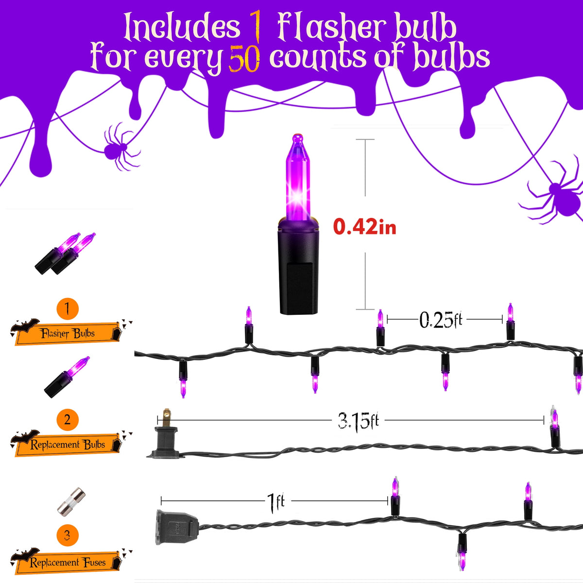 DAYBETTER Halloween String Lights, 32.8ft 100ct Incandescent Mini Lights, with 100 Count Purple Waterproof Bulbs, for Party, Yard, Christmas Tree, Halloween Decorations