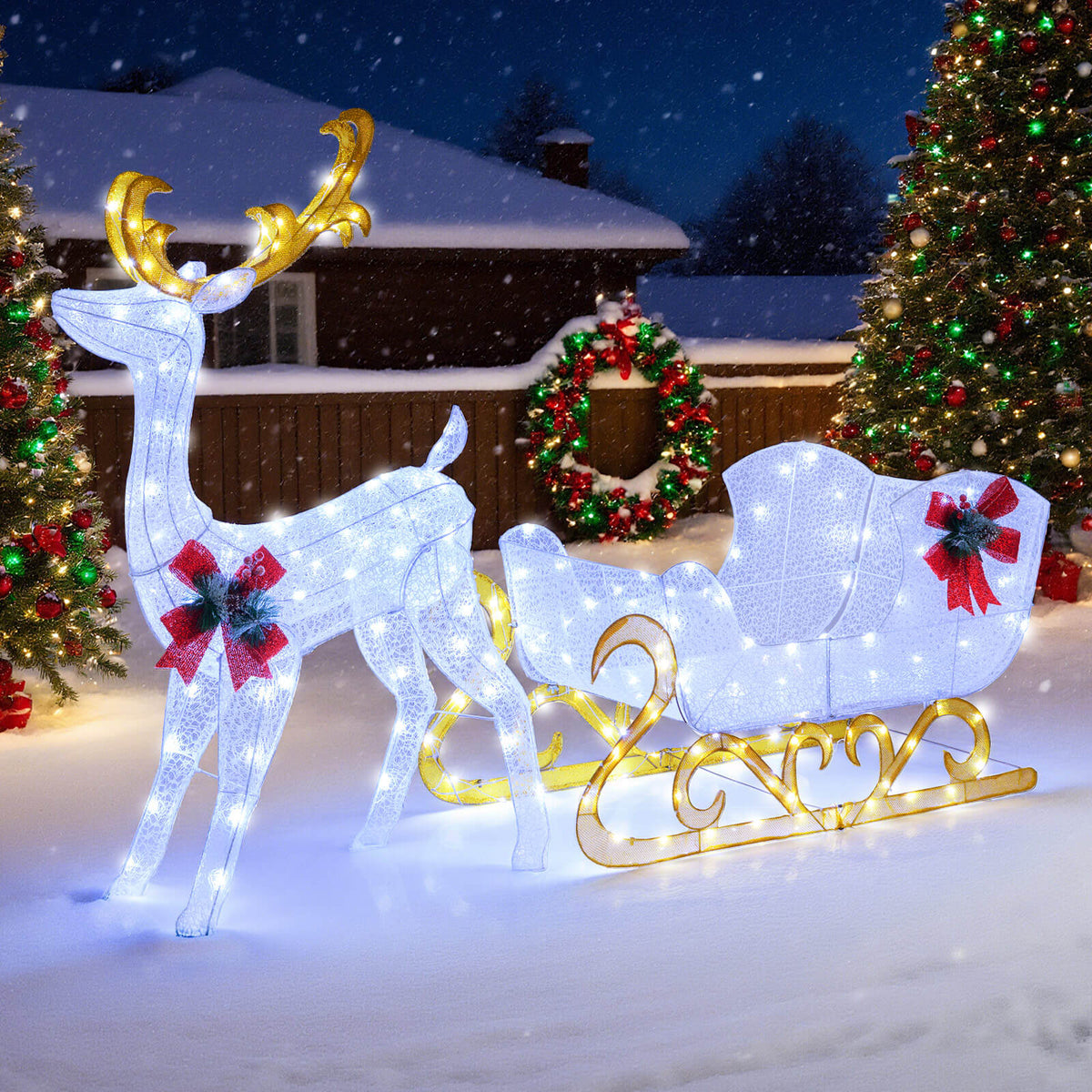 Costway 6 FT Christmas Lighted Reindeer & Santa's Sleigh W/ 215 LED Lights & 4 Stakes Gold