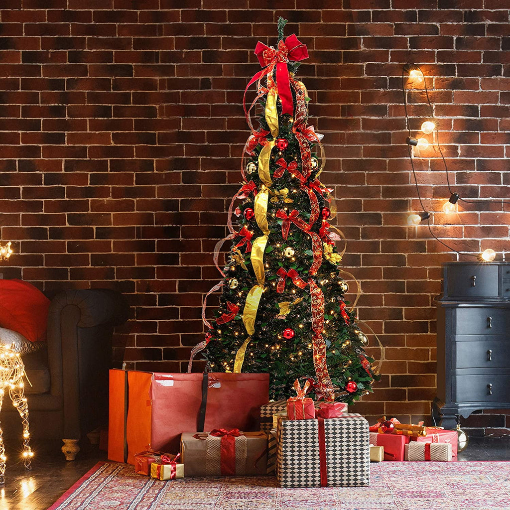 Prextex Christmas Tree Fully Decorated Pre-lit 6 Ft Pull Up Pop Up Out of Box Ready Minimal Assembly Needed Holiday Decorations w/ 350 Warm Lights with Stand