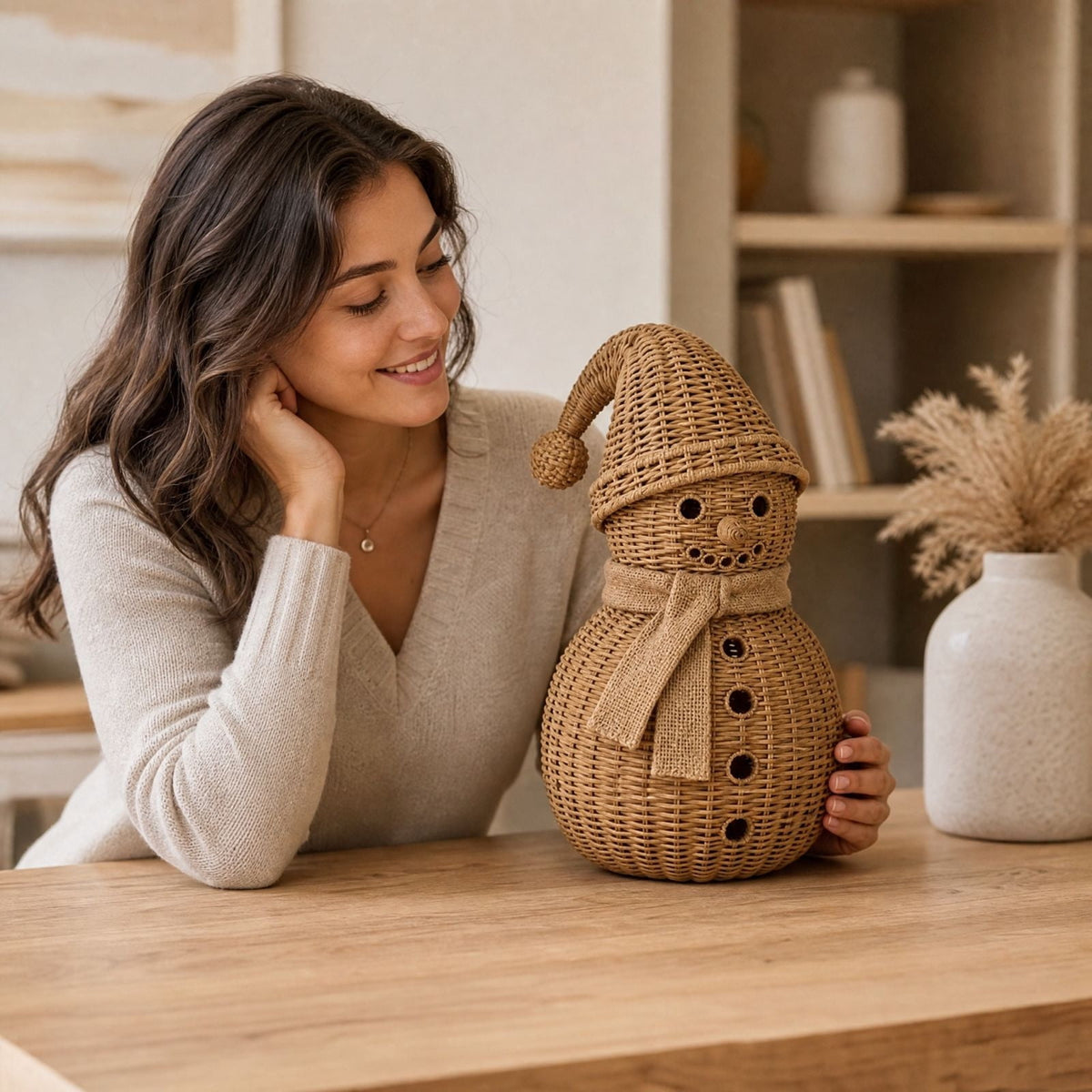 FeiBiQiuBi 14.9" Resin Rattan Style Snowman, Rustic Snowman Decorations with Bow, Woven Natural Style Freestanding Design Winter Farmhouse Decor for Home Kitchen Garden, Holiday Table Mantel Decor