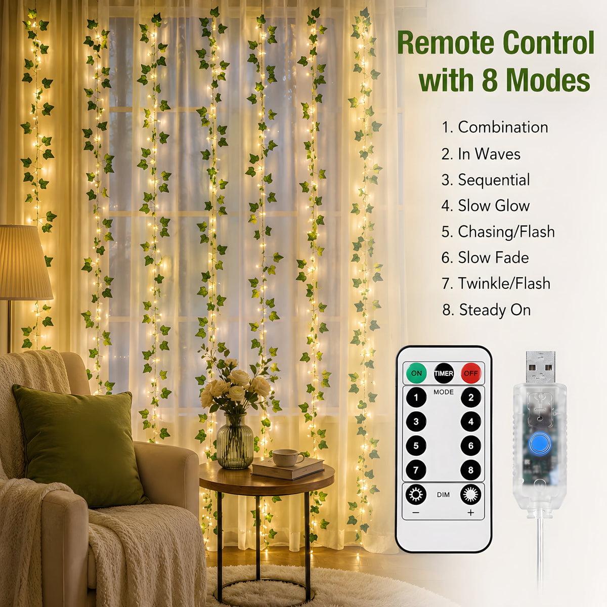 DAYBETTER Ivy Curtain String Lights, 200 LED USB Powered Hanging Artificial Plant Fairy Lights with 8 Modes, for Wedding Party Holiday Decor (9.9 x 6.6FT)