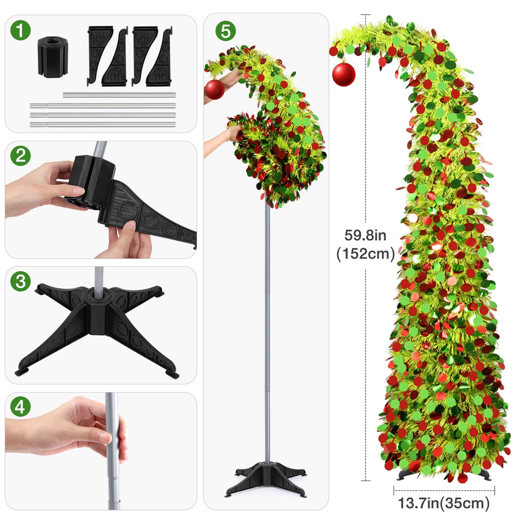 Ayieyill 5ft Pencil Christmas Tree, Collapsible Xmas Tree with Lights, Pop Up Tinsel Tree for Christmas Decorations Indoor, Pink White