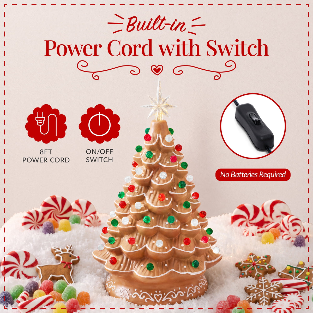 Best Choice Products 15in Ceramic Christmas Tree, Pre-lit Hand-Painted Tabletop Holiday Tree, Gingerbread Red/White/Grn
