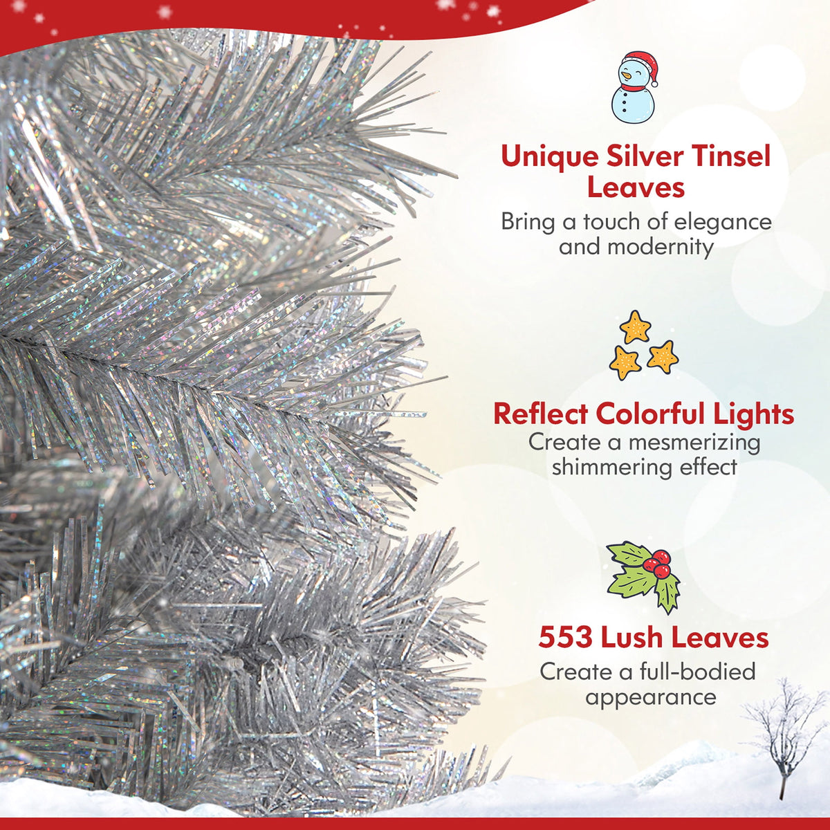 Gymax 7 FT Pre-Lit Artificial Christmas Tree Silver Tinsel Hinged Xmas Tree
