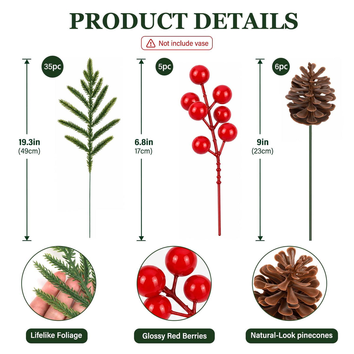 Ayieyill 39 Pack Artificial Pine Branches, 13.5 Inch Christmas Greenery Stems with Red & White Berries for Vase DIY Christmas Decorations Indoor