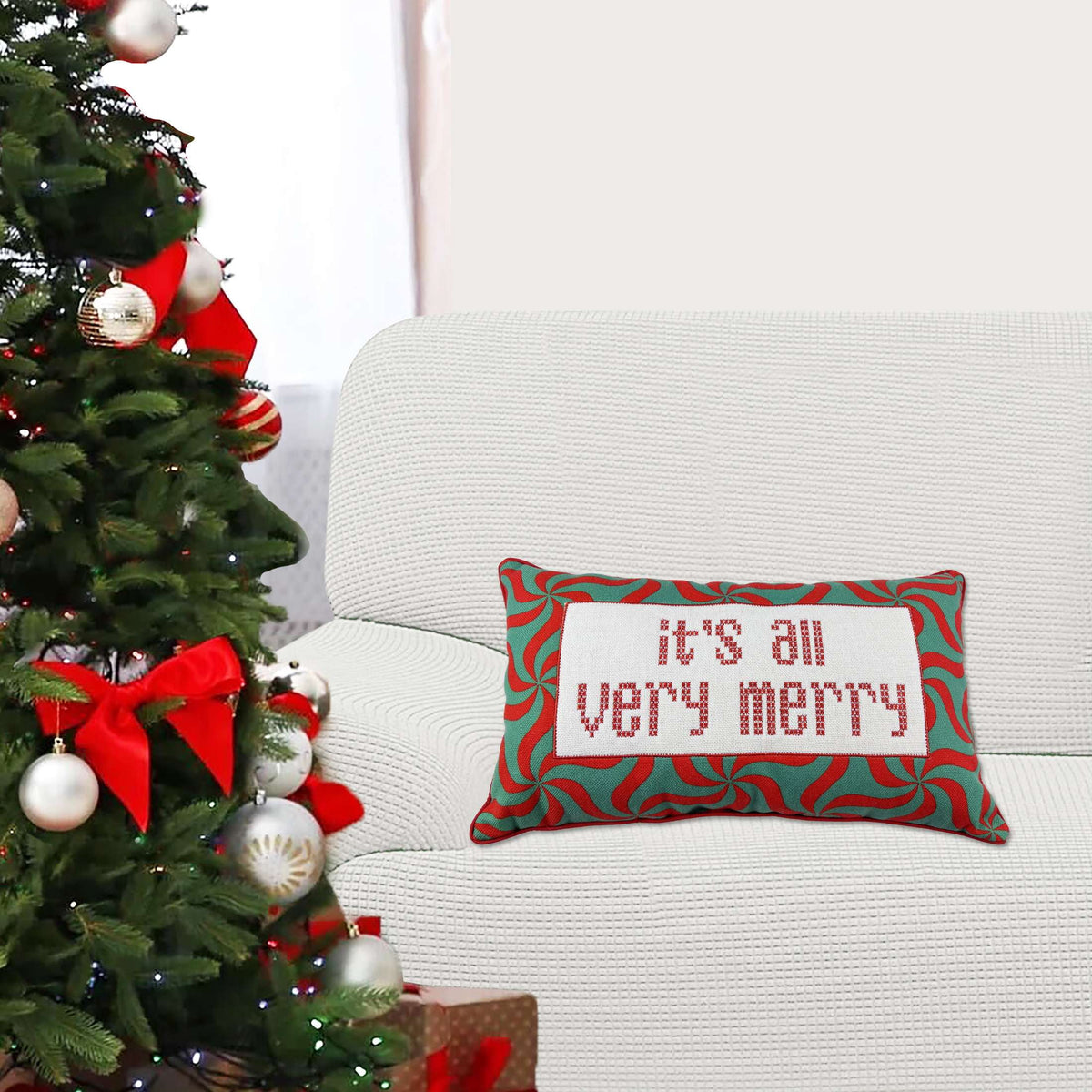 Holiday Time Merry Decorative Lumbar Christmas Pillow, Green/Red