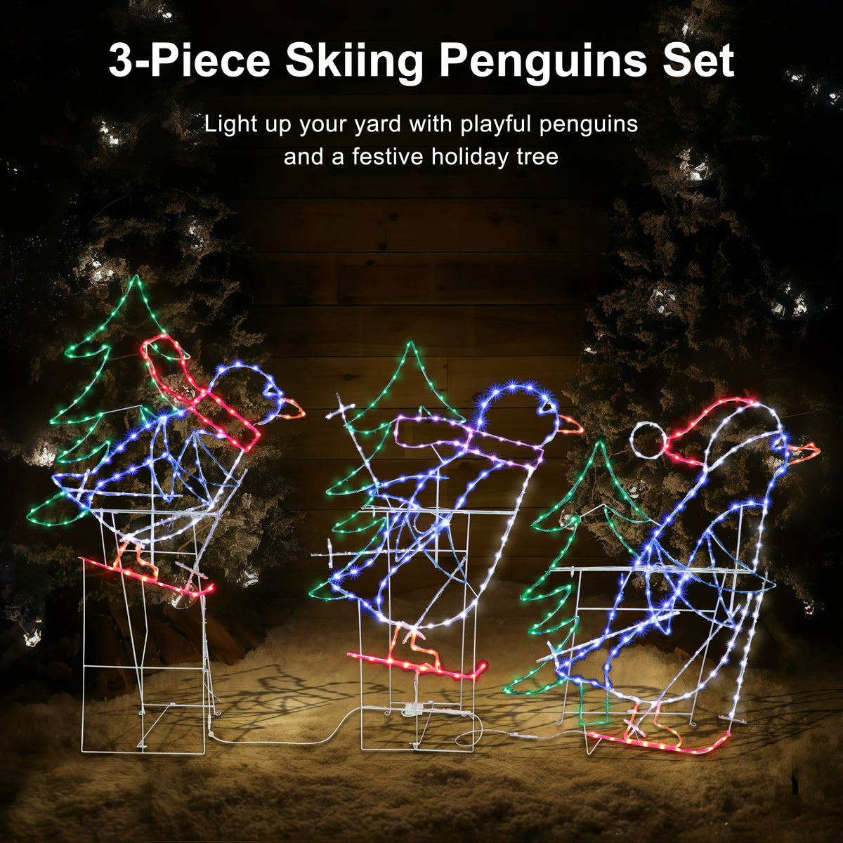 Set of 3 Skiing Penguins with Tree Christmas Outdoor Décor with 614 Multi-Color LED Lights with Motion