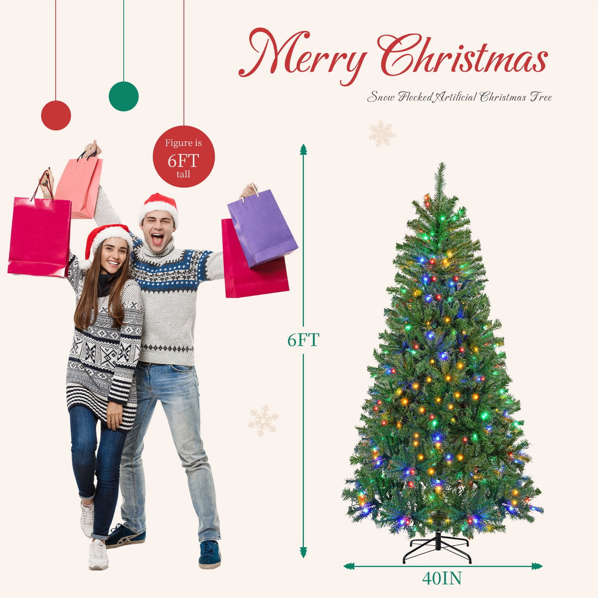 CONCETTA 6FT Pre-Lit Artificial Spruce Christmas Tree with Multicolor LED Lights, Realistic Indoor Home Holiday Decoration