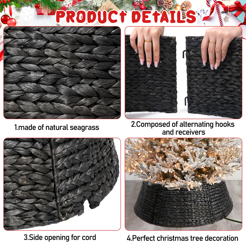 Ayieyill 26in Woven Hyacinth Christmas Tree Collar, Christmas Tree Decorations, Tree Skirt Accessory w/ Cord Cut-Out | Black