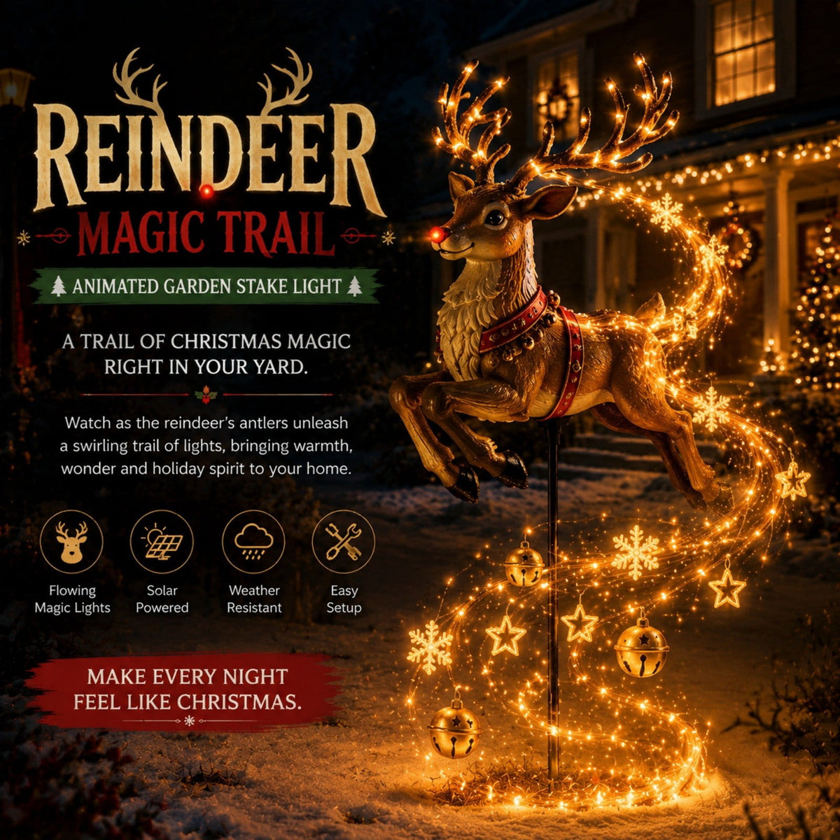 Solar Reindeer Christmas Garden Stake Light, Flowing LED Stars and Snowflakes, Resin Outdoor Holiday Yard Decoration for Lawn, Pathway, Porch, Garden and Entryway, 31.5 in Multicolor