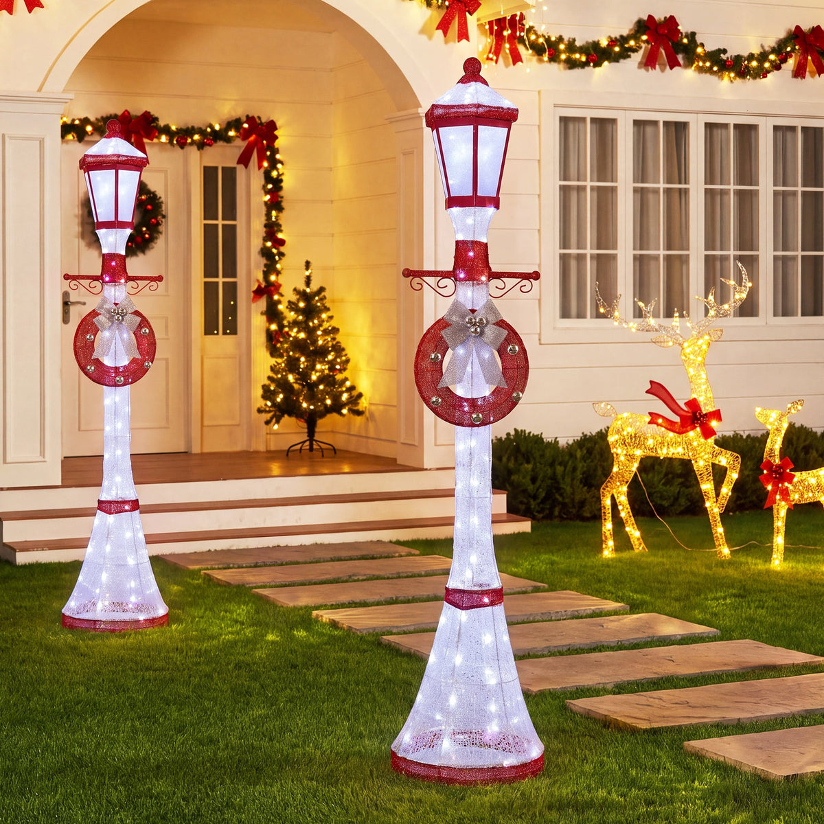 FOOWIN 6FT Christmas Lamppost Set of 2, Outdoor Christmas Lamp Post Decoration with 120 LED Lights, Holiday Porch Lamp Post Decor, Gold
