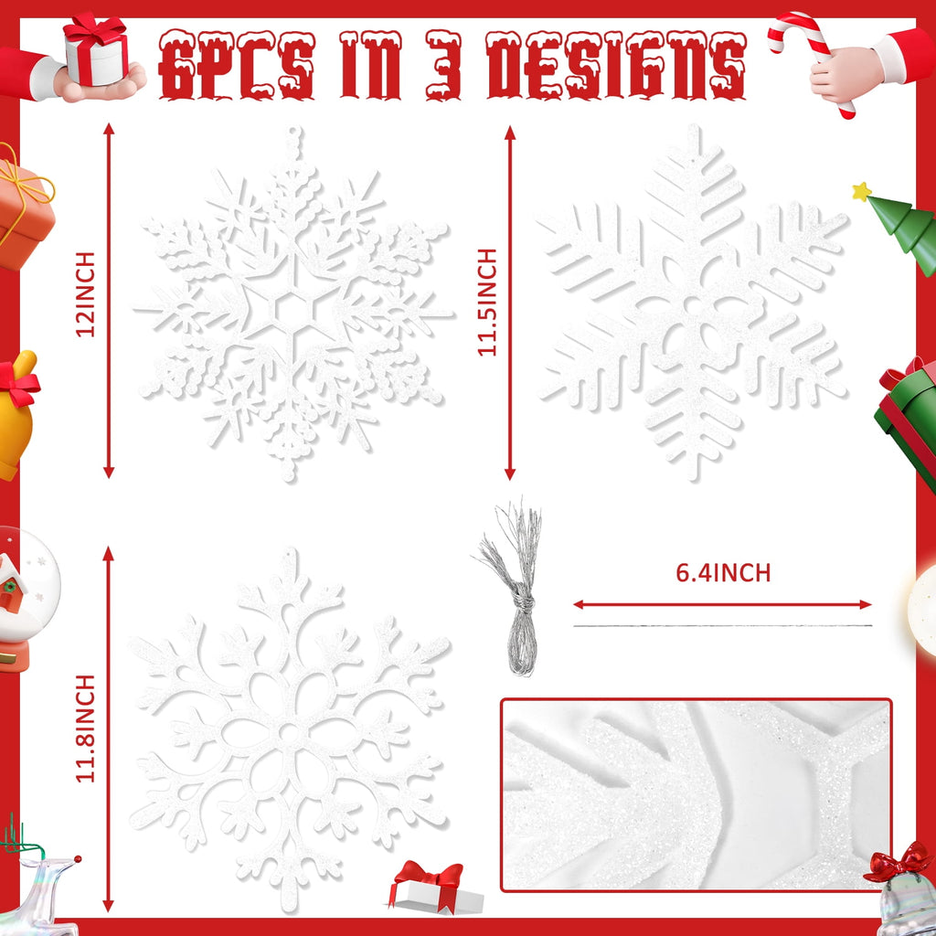 Ayieyill 6 Pieces Large Snowflakes Ornaments 12'' Glittered Snowflakes Decorations Christmas Hanging Snowflake Decorations for Winter Christmas Tree Decorations Craft Snowflakes (Iridescent)