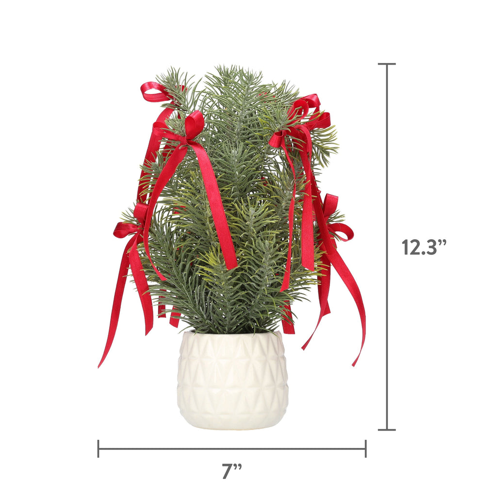 Evergreen with Bows Christmas Arrangement in Ceramic Pot, Green/White/Red, 12.3", by Holiday Time