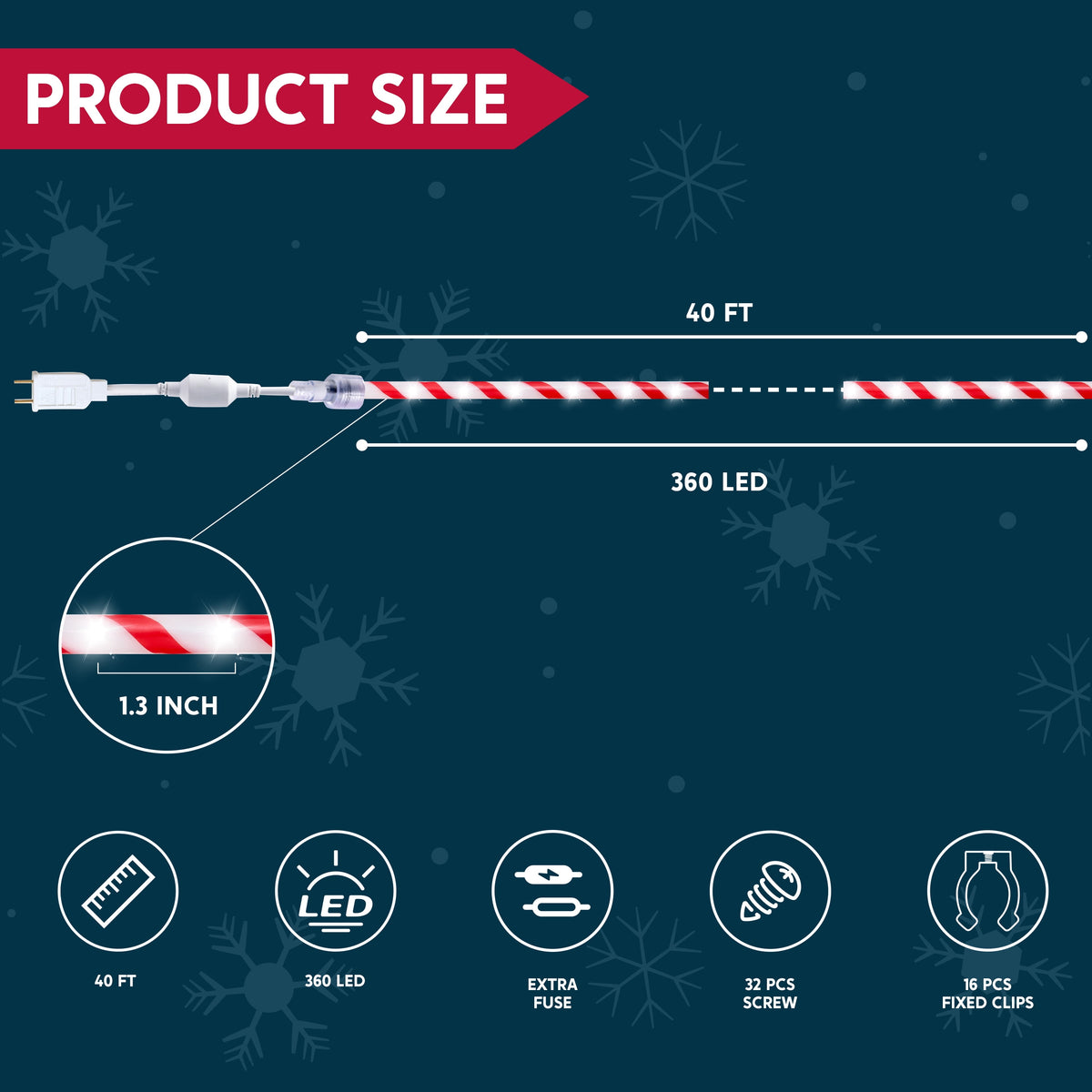 Joyfy 40FT 360 LED Candy Cane Rope Lights Christmas Outdoor Decoration Light,Red and White Christmas Lights Led Lights Light Up Candy Canes for Christmas Yard Holiday Decor