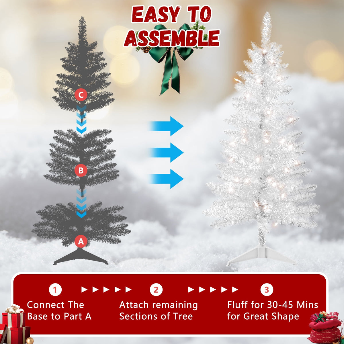 Mayhihi 4FT White Small Christmas Tree with Lights, Artificial Xmas Trees for Home Office