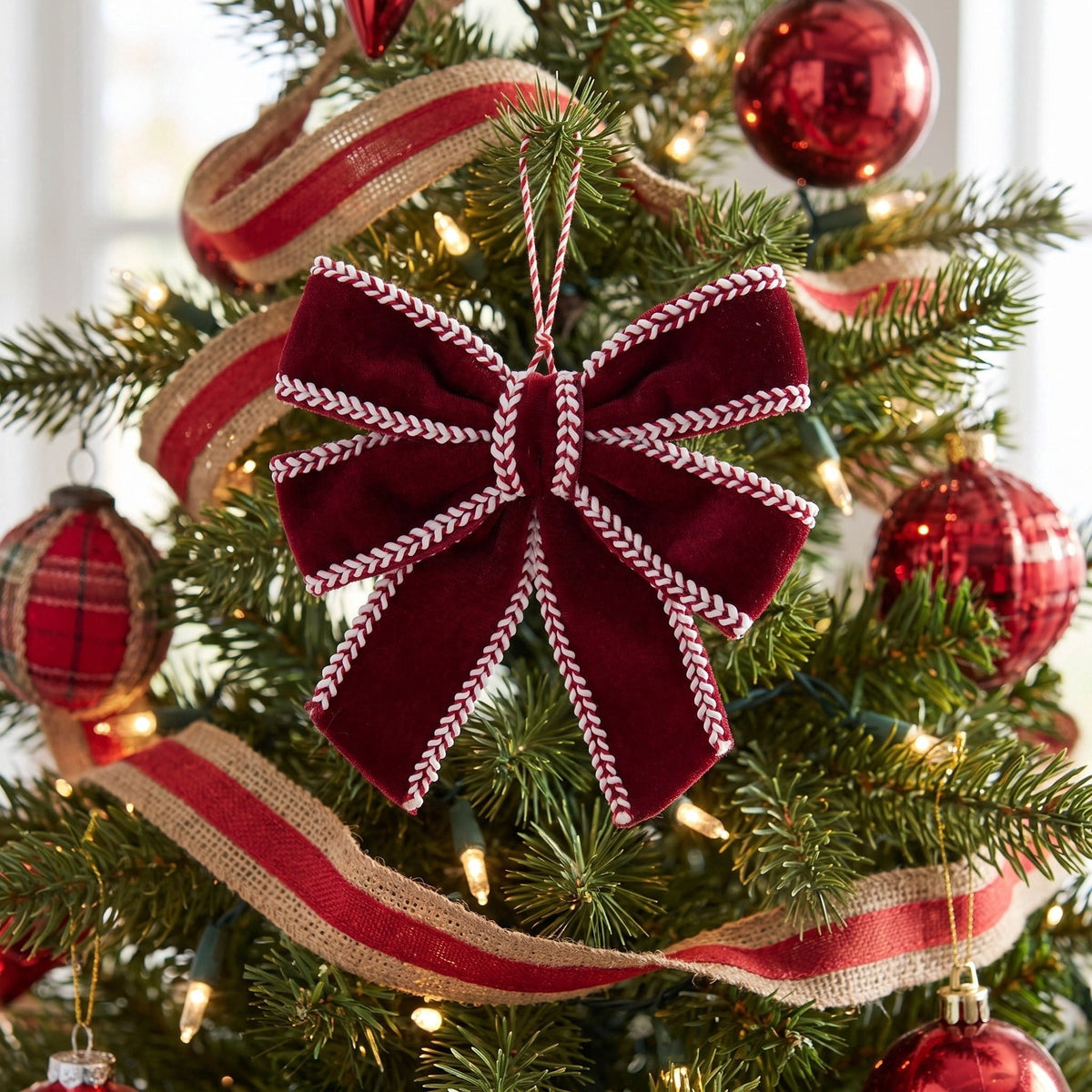Red and White Velvet Bow Christmas Ornament, 6.3", by Holiday Time