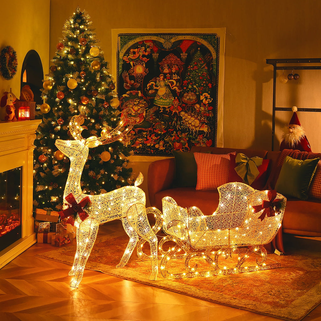 Costway 6 FT Christmas Lighted Reindeer & Santa's Sleigh W/ 215 LED Lights & 4 Stakes Gold