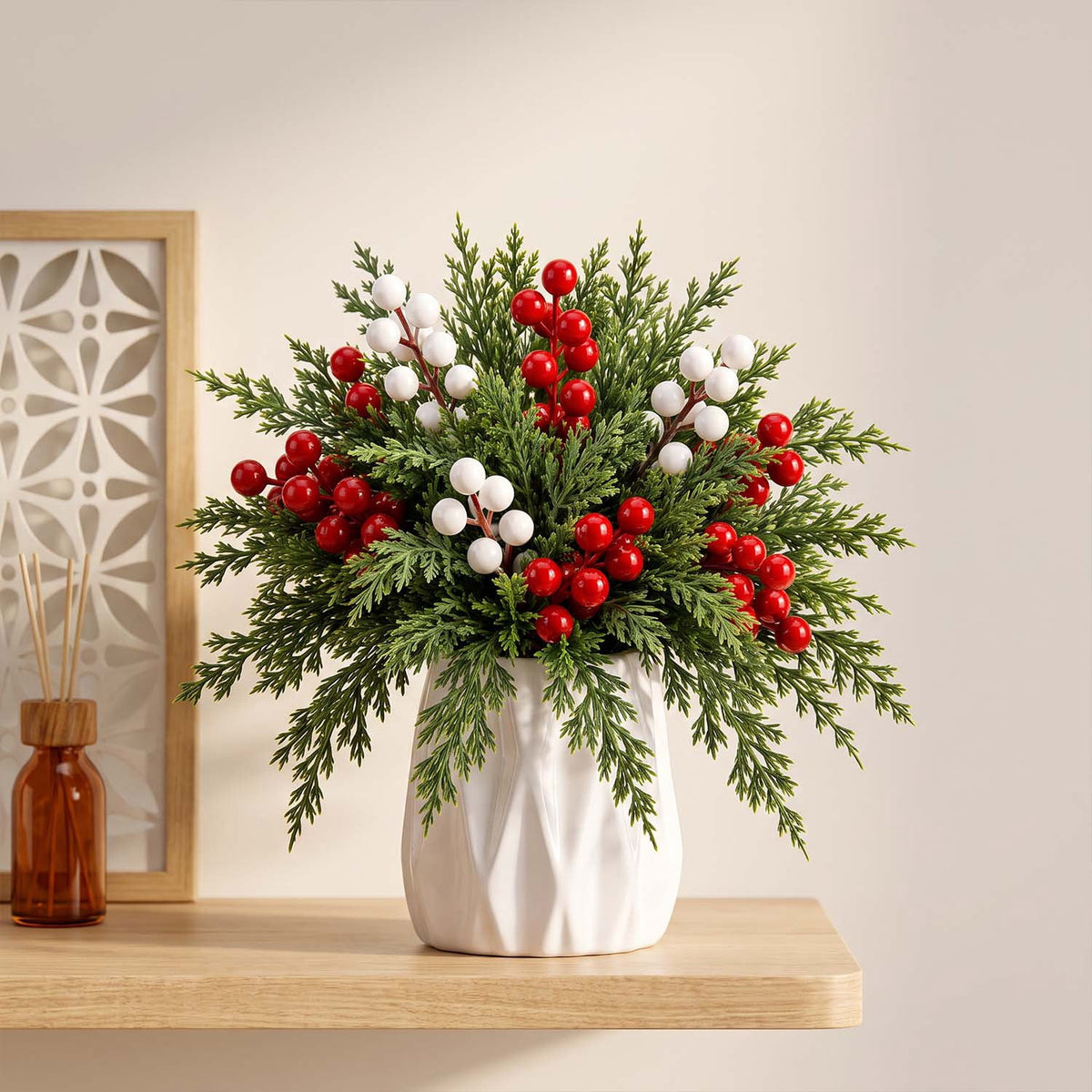Ayieyill 39 Pack Artificial Pine Branches, 13.5 Inch Christmas Greenery Stems with Red & White Berries for Vase DIY Christmas Decorations Indoor