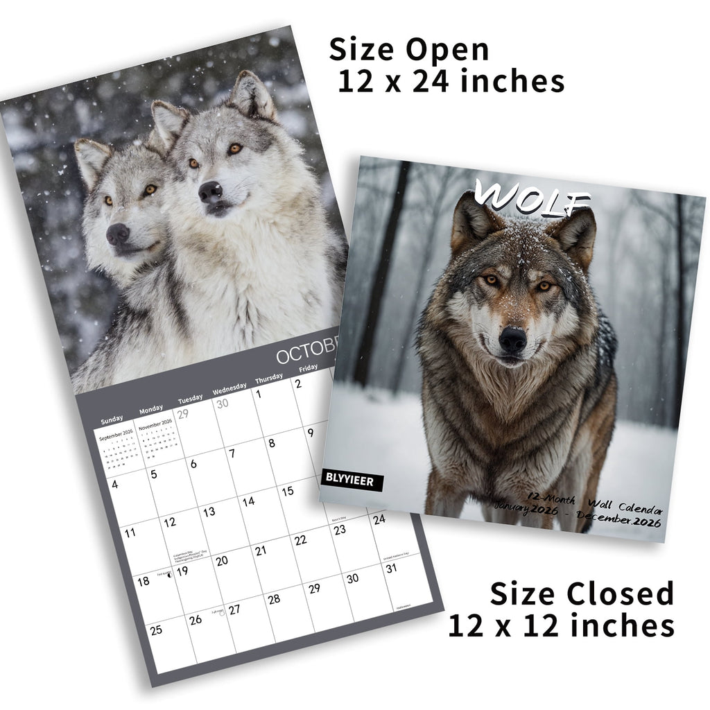 2026 Wall Calendar,Wolf Calendar 2025-2026,Wolf Monthly Wall Calendar, 12" x 24" Open,Family Planner Calendar with Wolf, Home & Office Organizer,Hangable