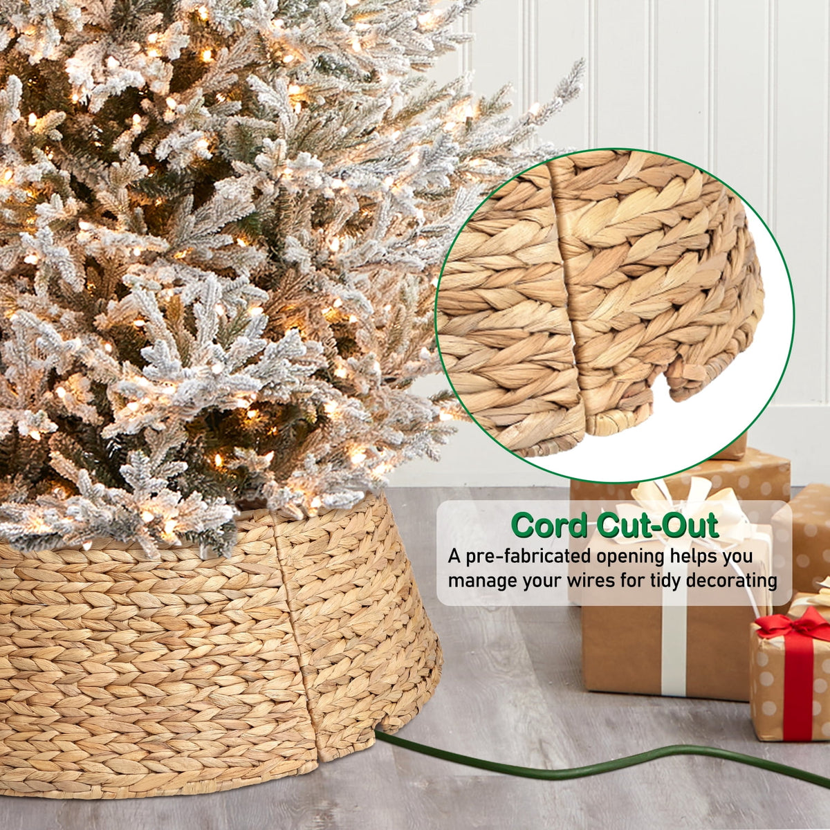 Ayieyill 26in Woven Hyacinth Christmas Tree Collar, Christmas Tree Decorations, Tree Skirt Accessory w/ Cord Cut-Out | Natural